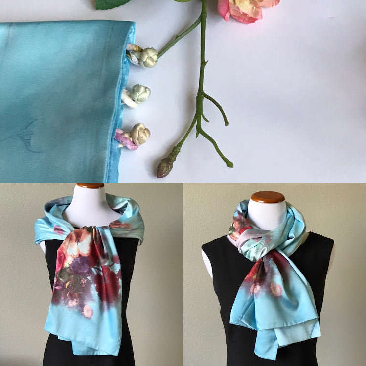 Blue 100% Silk Satin smooth soft Long double fabric  Scarf with buttons - The Lotus Wave 