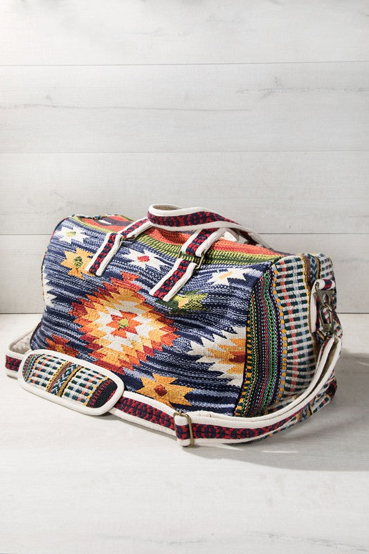 Blue Denim  Boho Chic Navajo Pattern Weekender Duffle Bag - The Lotus Wave 