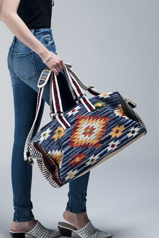 Blue Denim Boho Chic Navajo Pattern Weekender Duffle Bag – The