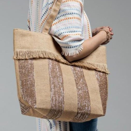 Woven Jute Stripe Metallic Tote Bag summer shoulder bag - The Lotus Wave 