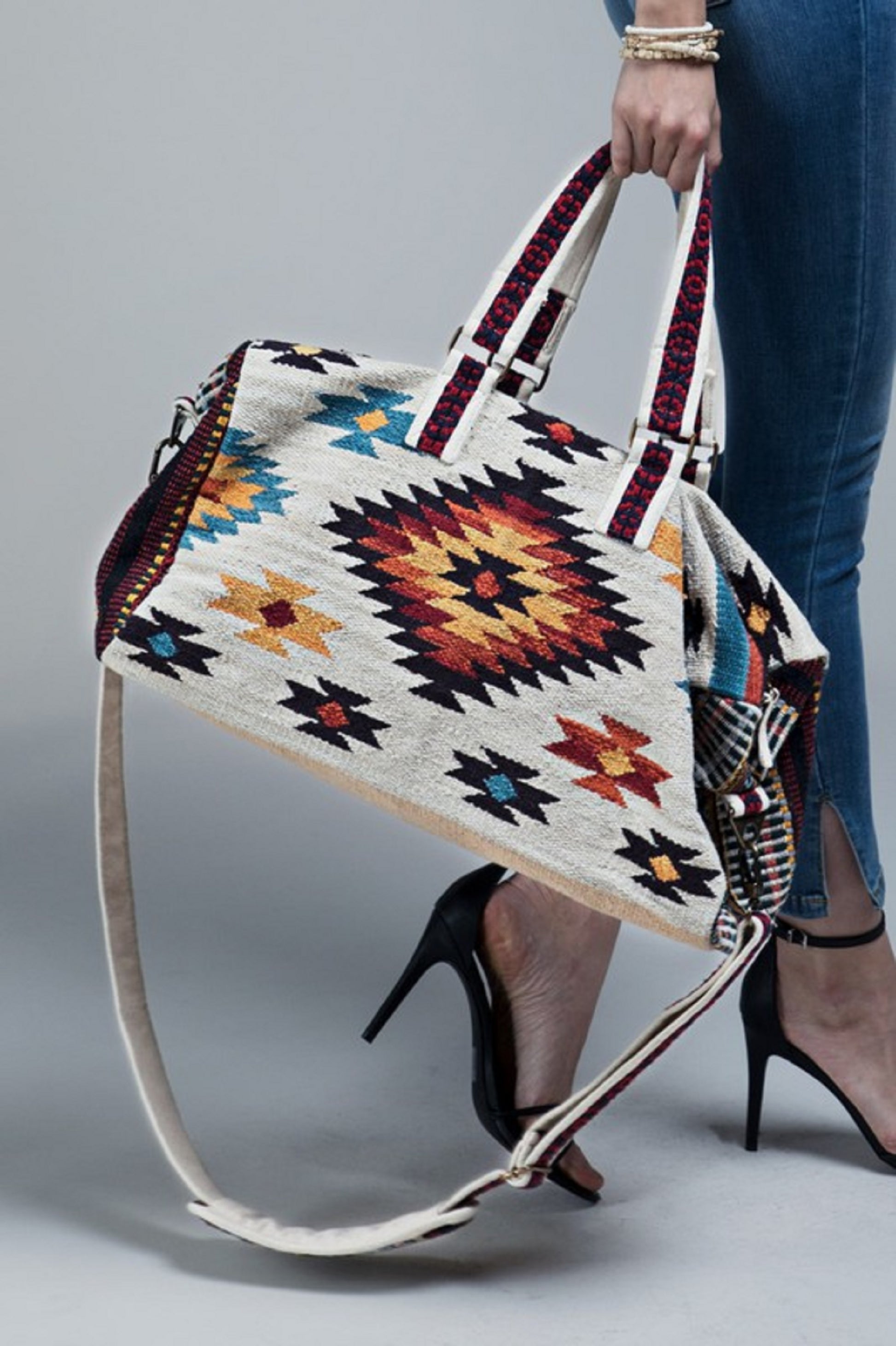 Cream brown  Boho Chic Navajo Pattern Weekender Duffle Bag - The Lotus Wave 