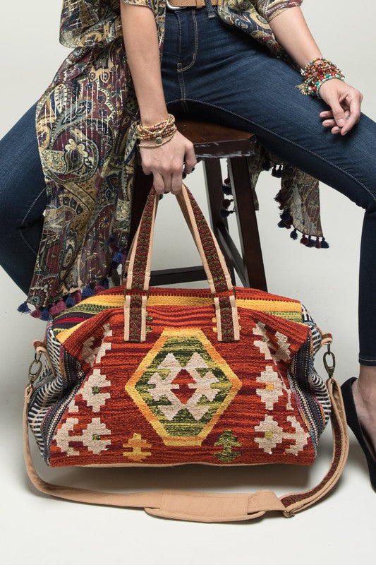 Rustic Brown Boho Chic Navajo Pattern Weekender Duffle Bag - The Lotus Wave 