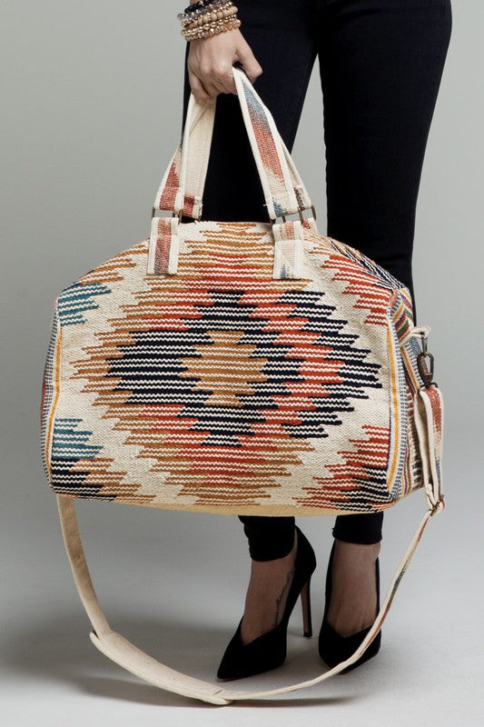 Cream brown  Boho Chic Navajo Pattern Weekender Duffle Bag - The Lotus Wave 