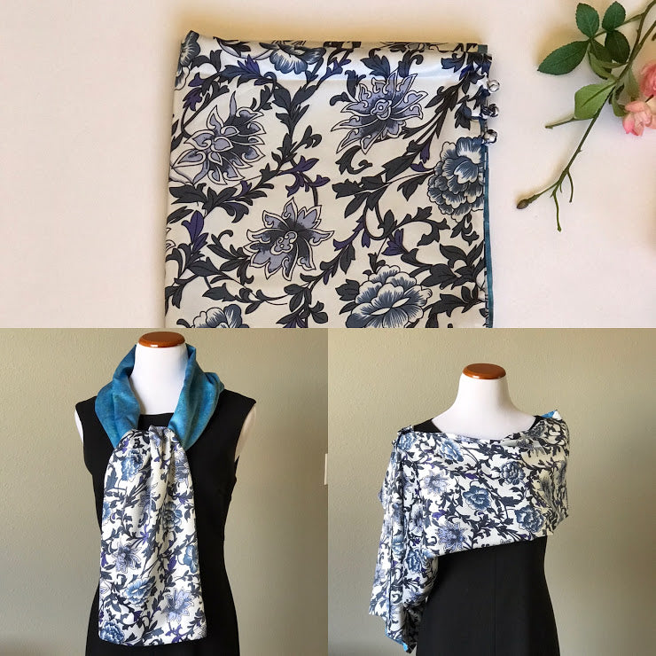 Blue white floral 100% Silk Satin smooth soft Long double fabric  Scarf with buttons - The Lotus Wave 