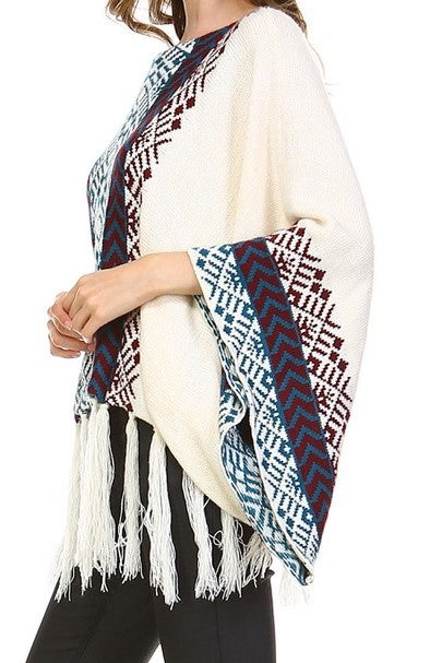 Bohemian cream tassel Poncho Sweater Aztec Tribal Slouchy Bohemian - The Lotus Wave 