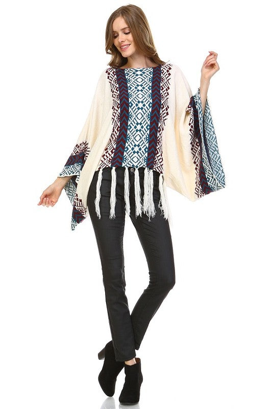 Bohemian cream tassel Poncho Sweater Aztec Tribal Slouchy Bohemian - The Lotus Wave 