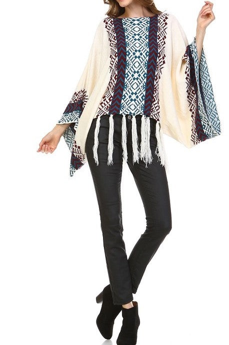 Bohemian cream tassel Poncho Sweater Aztec Tribal Slouchy Bohemian - The Lotus Wave 