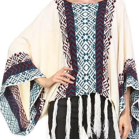 Bohemian cream tassel Poncho Sweater Aztec Tribal Slouchy Bohemian - The Lotus Wave 