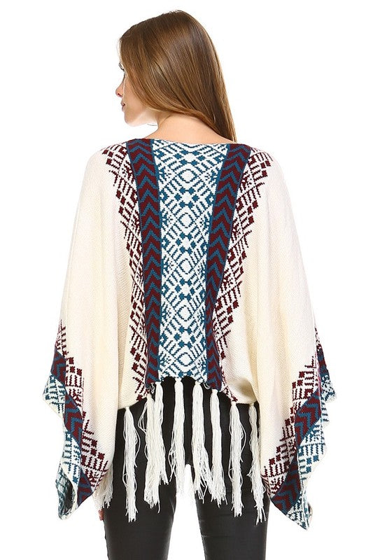 Bohemian cream tassel Poncho Sweater Aztec Tribal Slouchy Bohemian - The Lotus Wave 