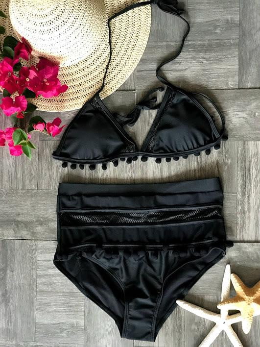 Pom Pom Tassel Mesh insert  High Waist bikini swimsuit - The Lotus Wave 