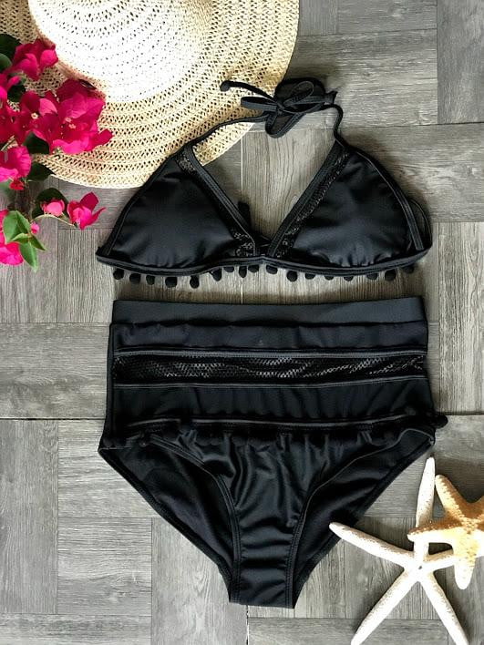 Pom Pom Tassel Mesh insert  High Waist bikini swimsuit - The Lotus Wave 