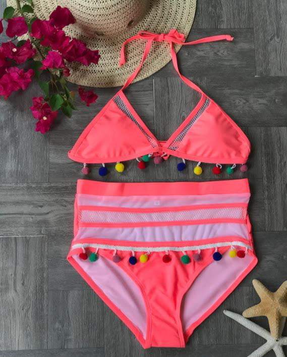 Tassel Mesh insert  High Waist bikini swimsuit - The Lotus Wave 