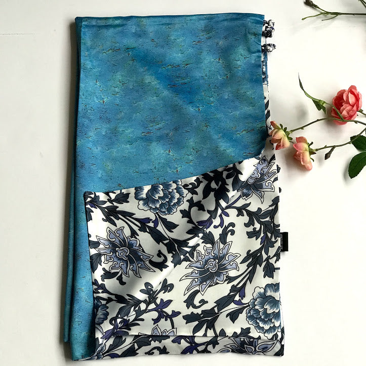 Gold floral 100% Silk Satin smooth soft Long double fabric  Scarf with buttons - The Lotus Wave 