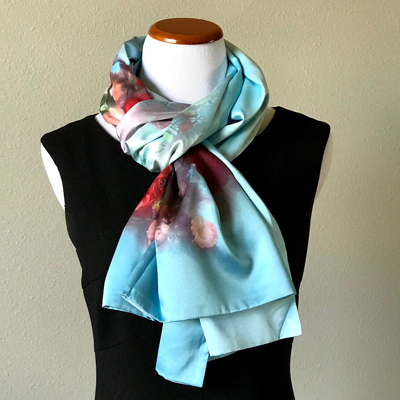 Blue 100% Silk Satin smooth soft Long double fabric  Scarf with buttons - The Lotus Wave 