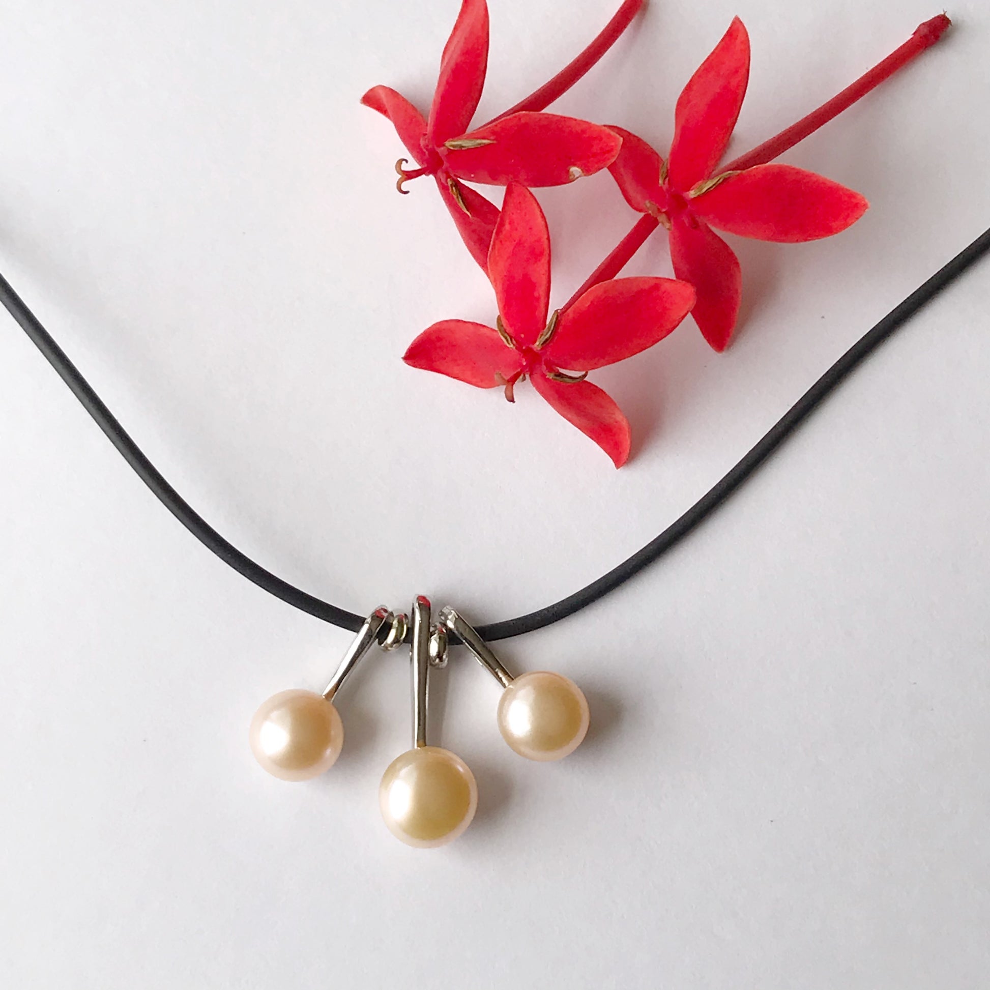 3 pearl necklace on a leather cord  necklace - The Lotus Wave 