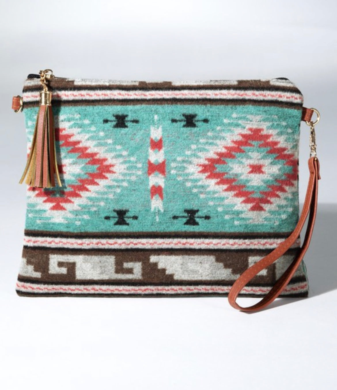 Turquoise western ethnic print with a detachable wristlet strap and tassel crossbody - The Lotus Wave 