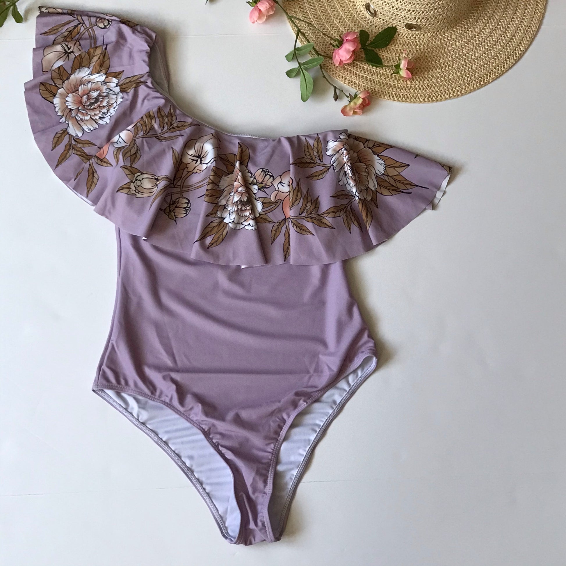 one piece off shoulder ruffled floral swimsuit - The Lotus Wave 