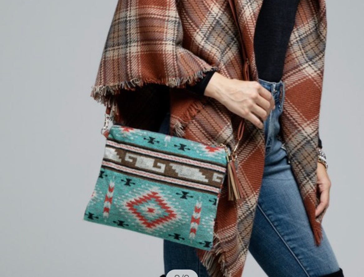 Turquoise western ethnic print with a detachable wristlet strap and tassel crossbody - The Lotus Wave 
