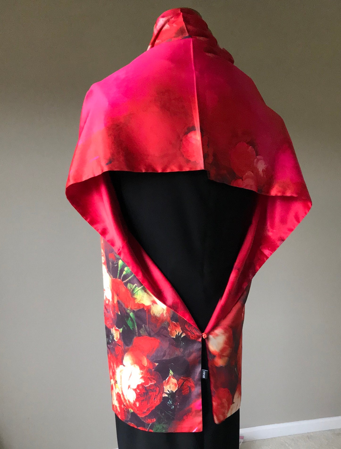 Red floral 100% Silk Satin smooth soft Long double fabric  Scarf with buttons - The Lotus Wave 