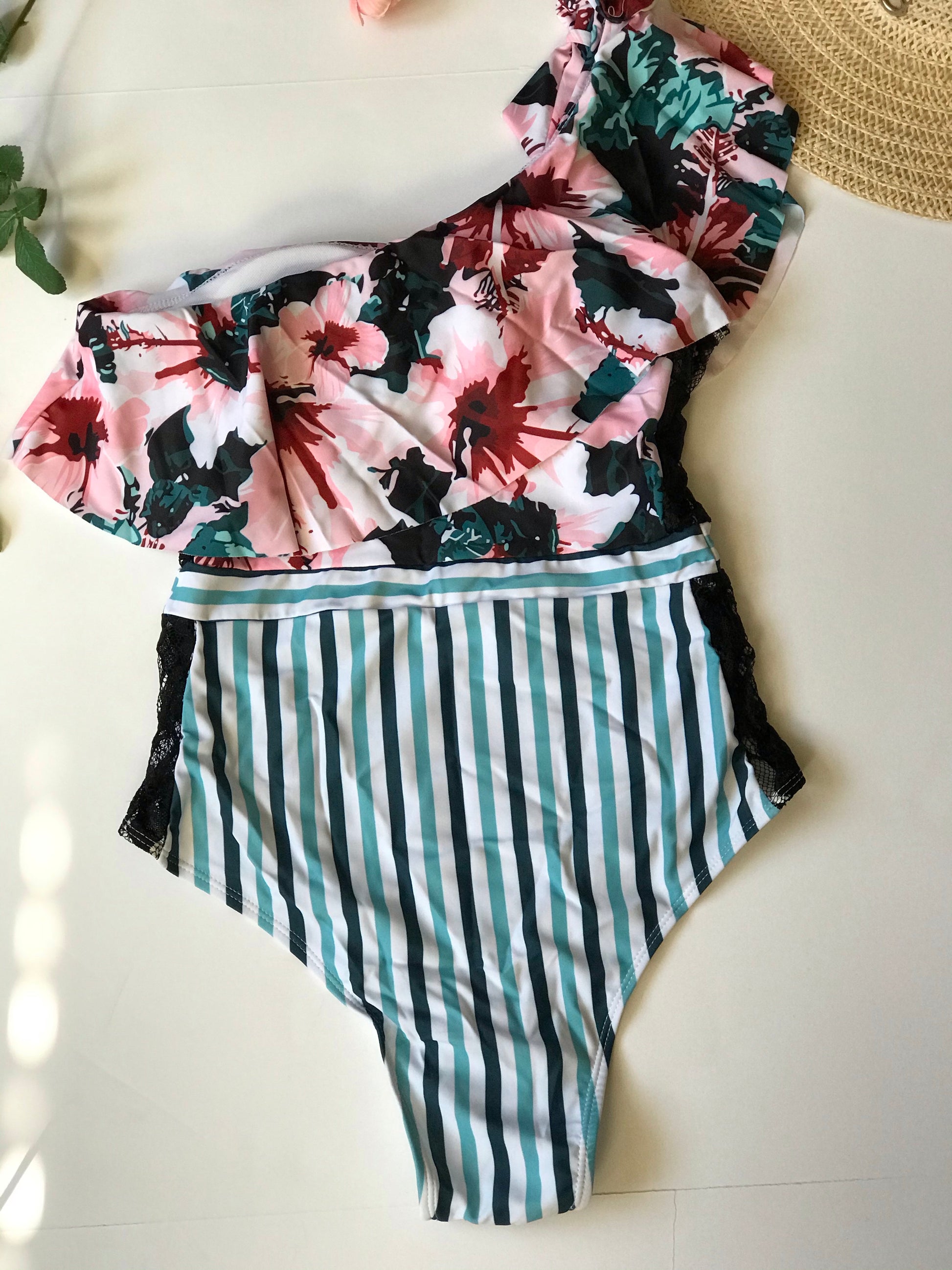 one piece off shoulder ruffled floral swimsuit - The Lotus Wave 