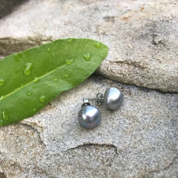 Grey freshwater pearls stud earrings 11 mm - The Lotus Wave 