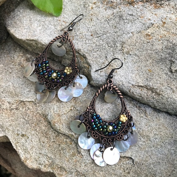 Boho bohemian dark copper dangling earrings - The Lotus Wave 