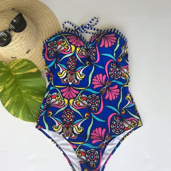 Blue floral halter one piece swimsuit Bathingsuit - The Lotus Wave 