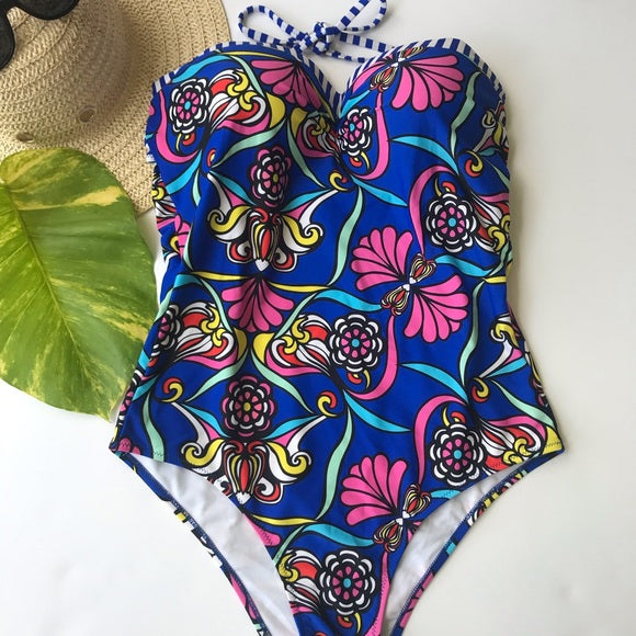 Blue floral halter one piece swimsuit Bathingsuit - The Lotus Wave 