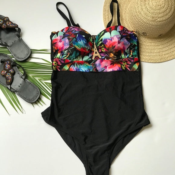 One piece black floral swimsuit Bathingsuit - The Lotus Wave 