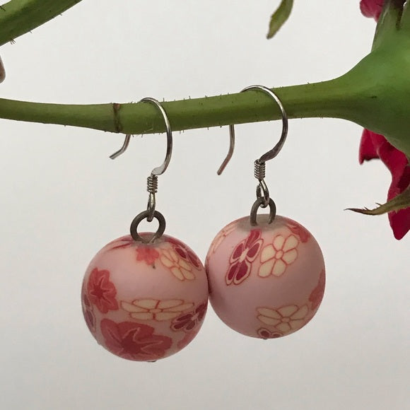 Floral pink red handmade polymer bead earrings - The Lotus Wave 