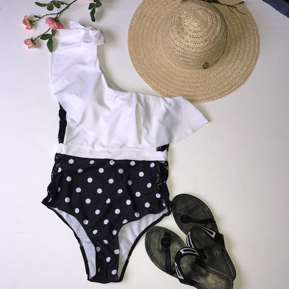 one piece off shoulder ruffled polka dot swimsuit - The Lotus Wave 