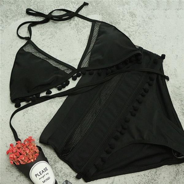 Tassel Mesh insert  High Waist bikini swimsuit - The Lotus Wave 
