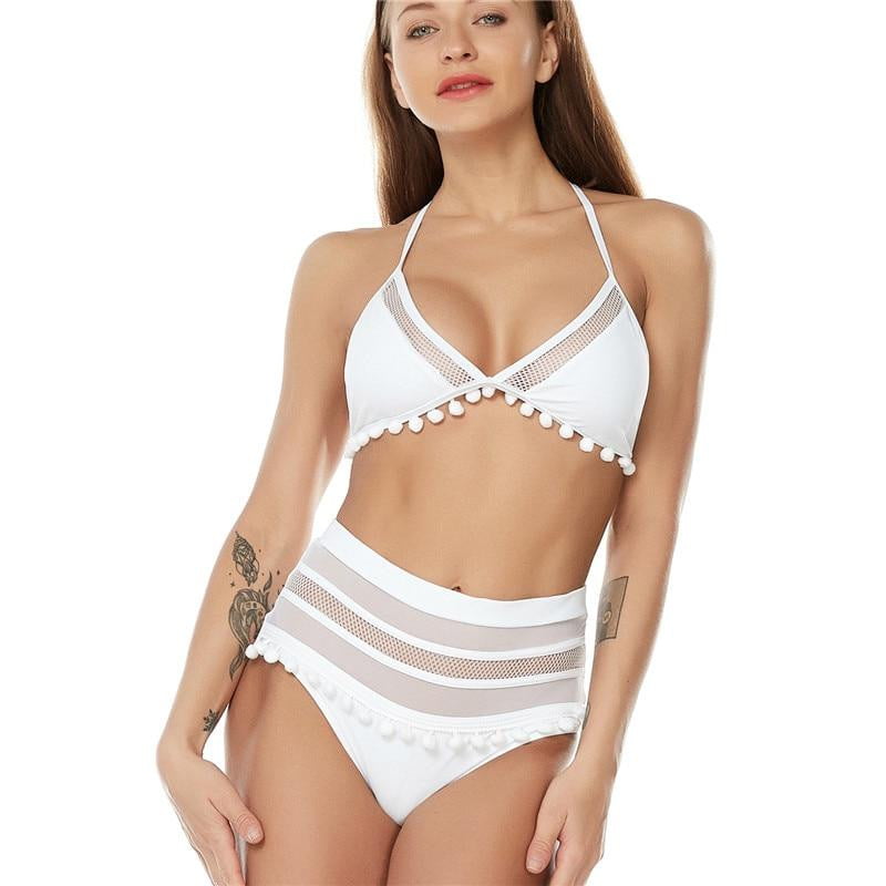 Pom Pom Tassel Mesh insert  High Waist bikini swimsuit - The Lotus Wave 